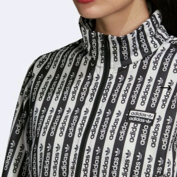 NWT Adidas Cropped Zip Up Track Jacket Top Black & White Striped Logo Boxy LG - Picture 4 of 16